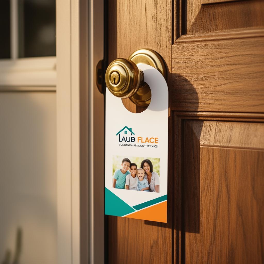 Bright orange door hanger on a residential front door