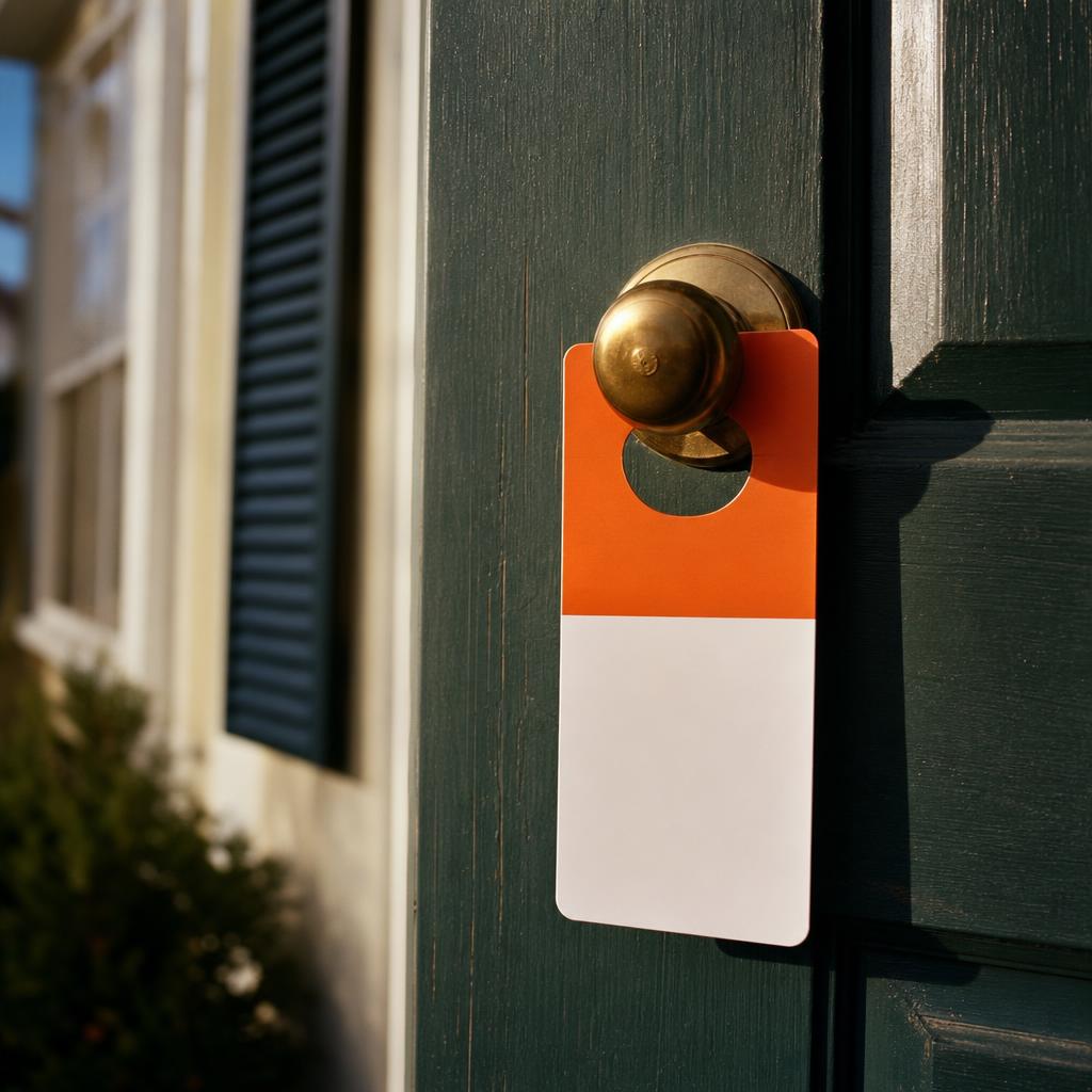 Bright orange door hanger on a residential front door