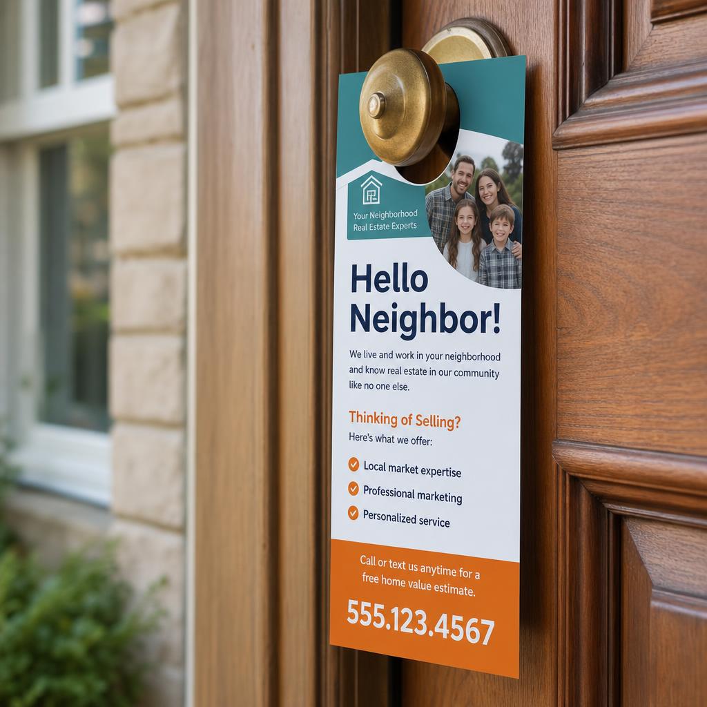 Bright orange door hanger on a residential front door