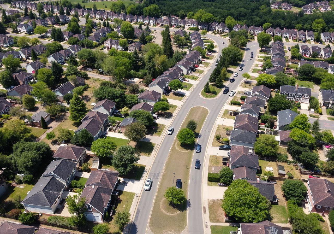 Aerial view of an American suburban neighborhood ready for flyer delivery