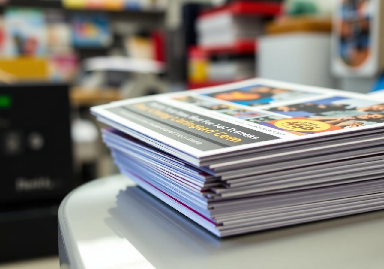 Stack of freshly printed full color marketing flyers