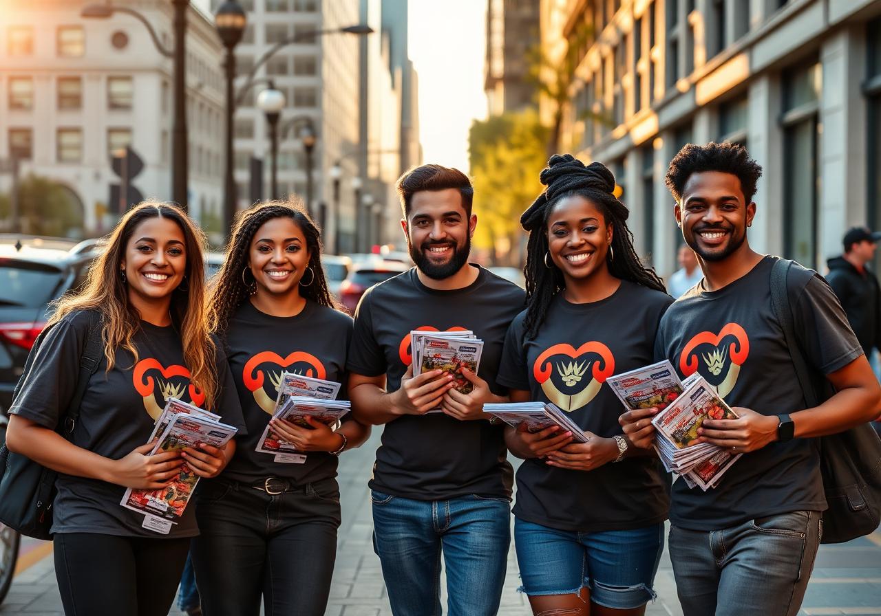 Smiling street team holding flyers on a city sidewalk