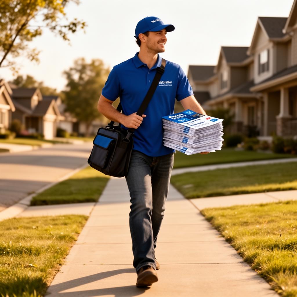 Flyer distribution team member delivering a flyer to a suburban home