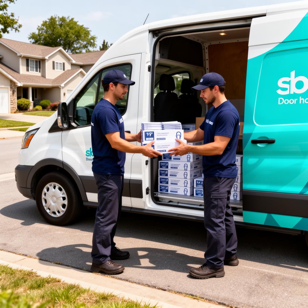 Branded flyer delivery van with team loading boxes